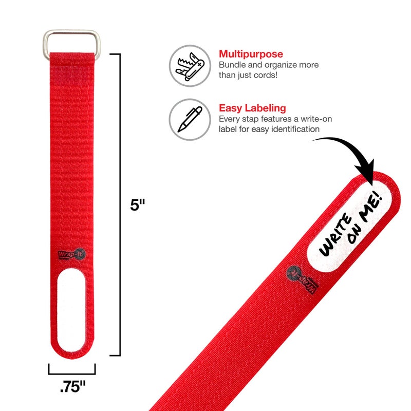 Wrap-It Storage Cinch-Straps, 5" 20 Pack (Red), Features Metal Buckle and Write on Label for Easy Cord Identification and Cable Management, Reusable Multi-Purpose Securing Cinch Straps - Image 3